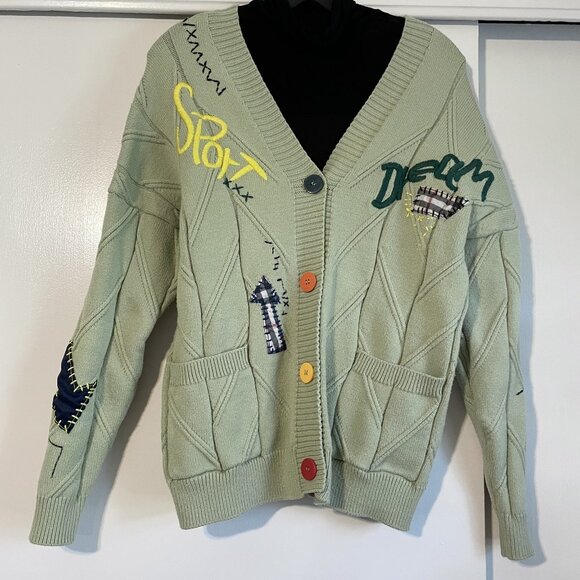 ebossy Cable Knit Cardigan Embroidery Sweater Button V Neck Coat Size M Green - Picture 3 of 15